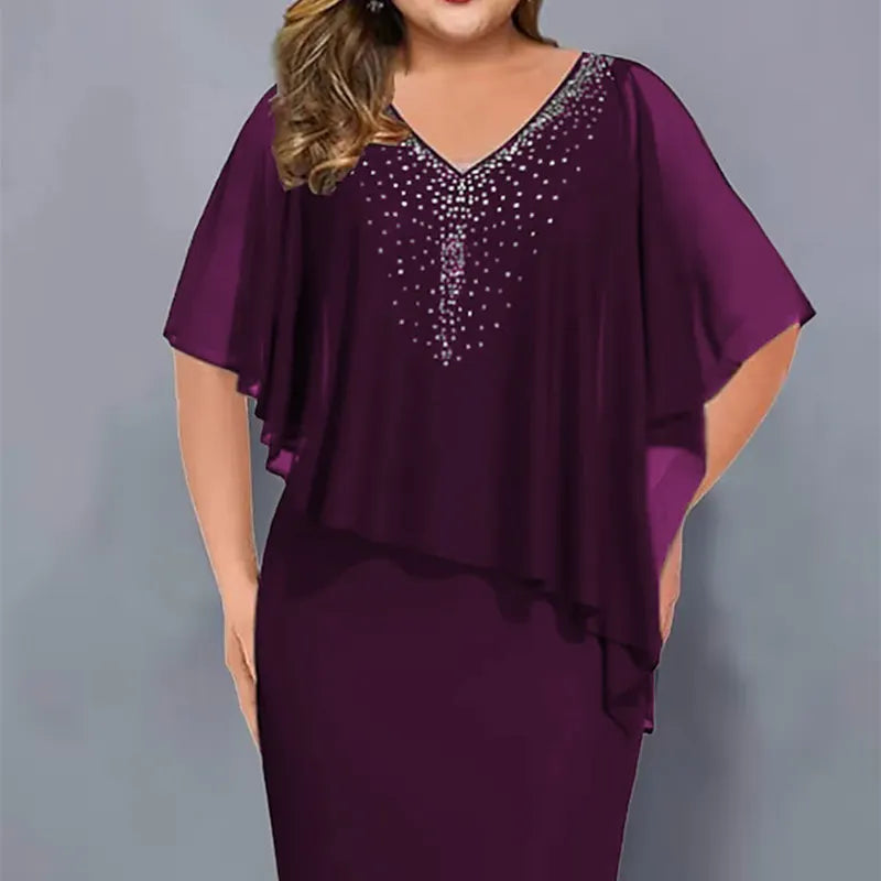 Women's midi dress with V-neck and chiffon cape overlay 8