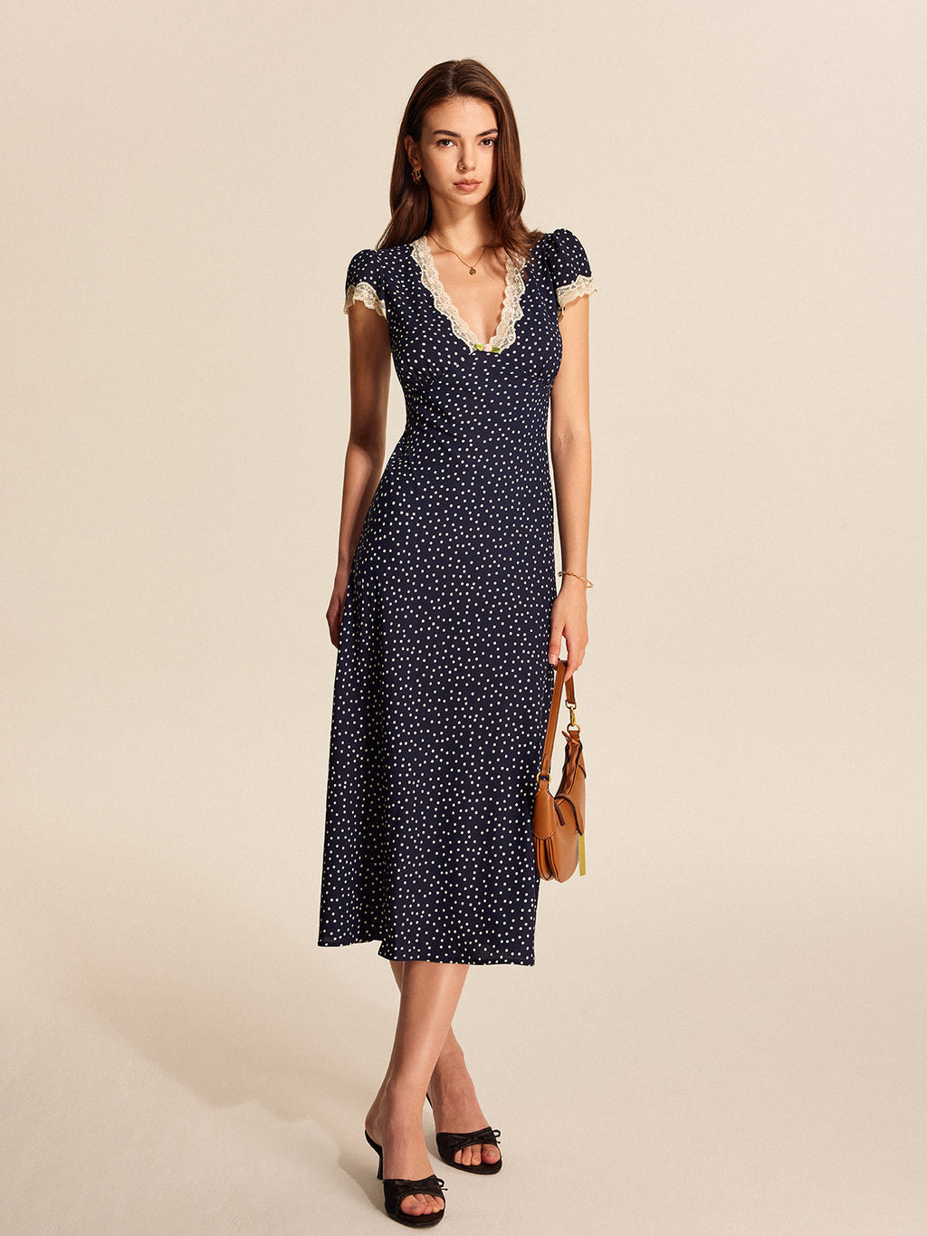 Women's midi shirt dress with polka dot print and V-neck 2