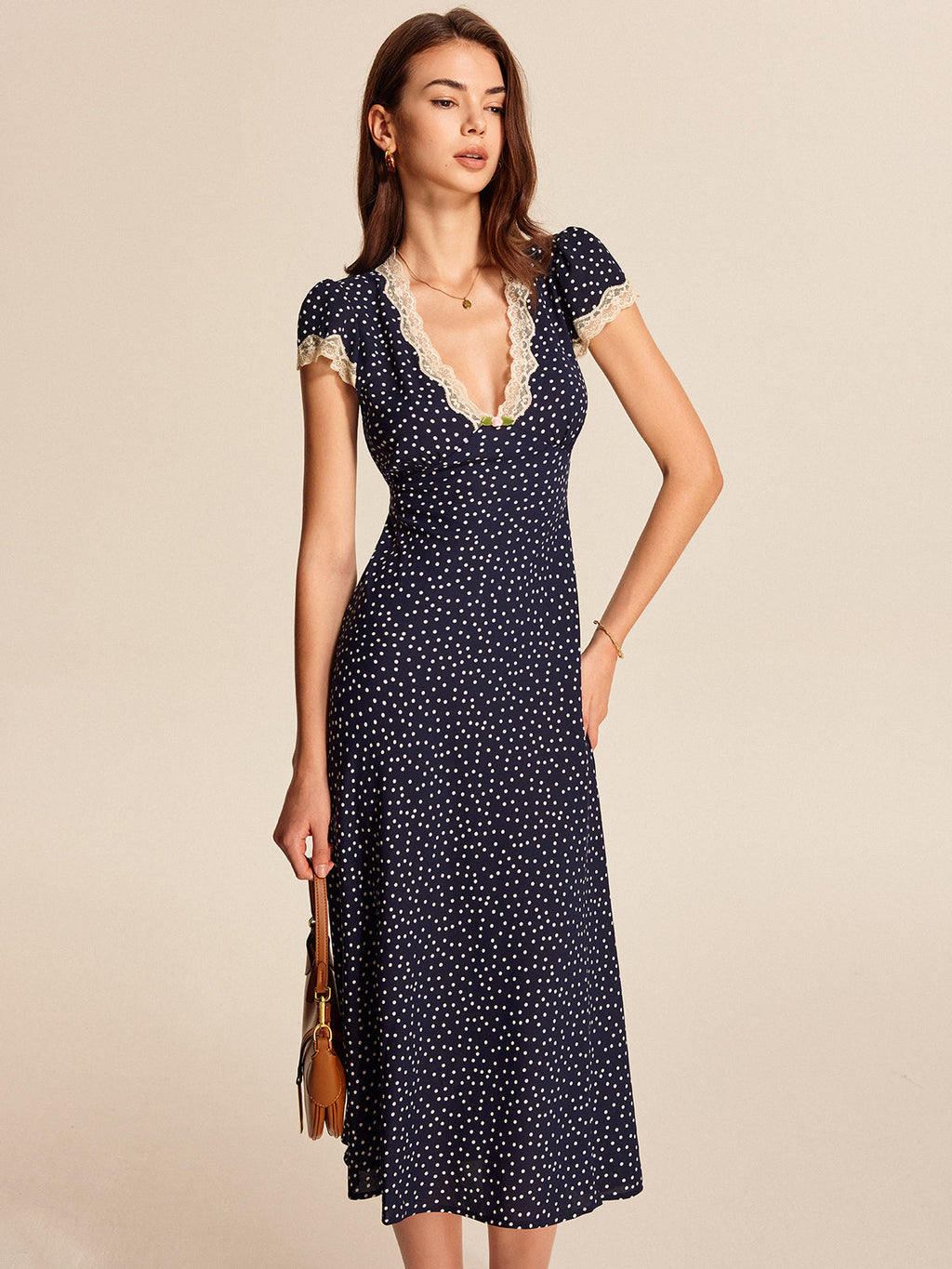 Women's midi shirt dress with polka dot print and V-neck 3