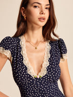 Women's midi shirt dress with polka dot print and V-neck 5