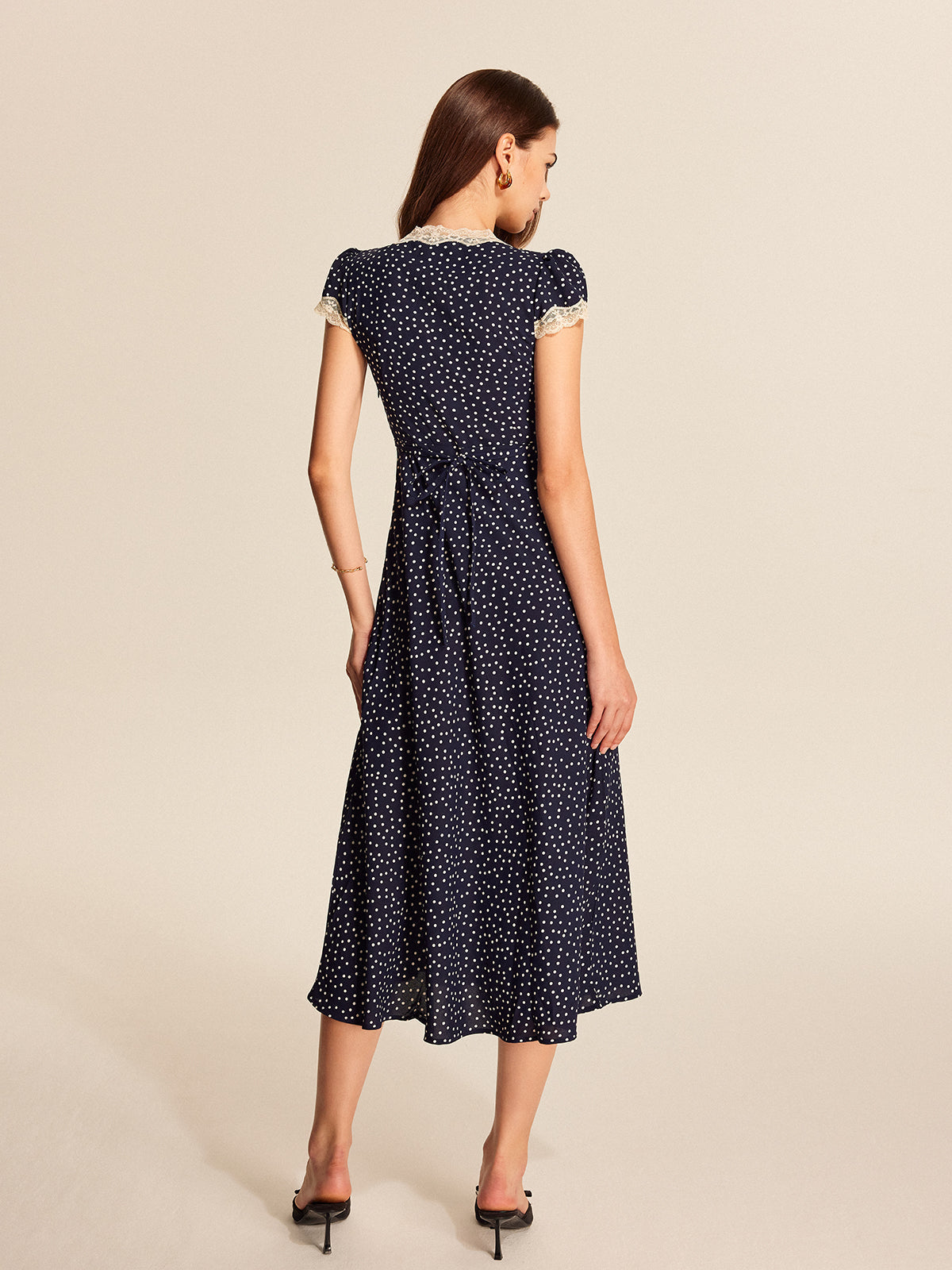 Women's midi shirt dress with polka dot print and V-neck 6