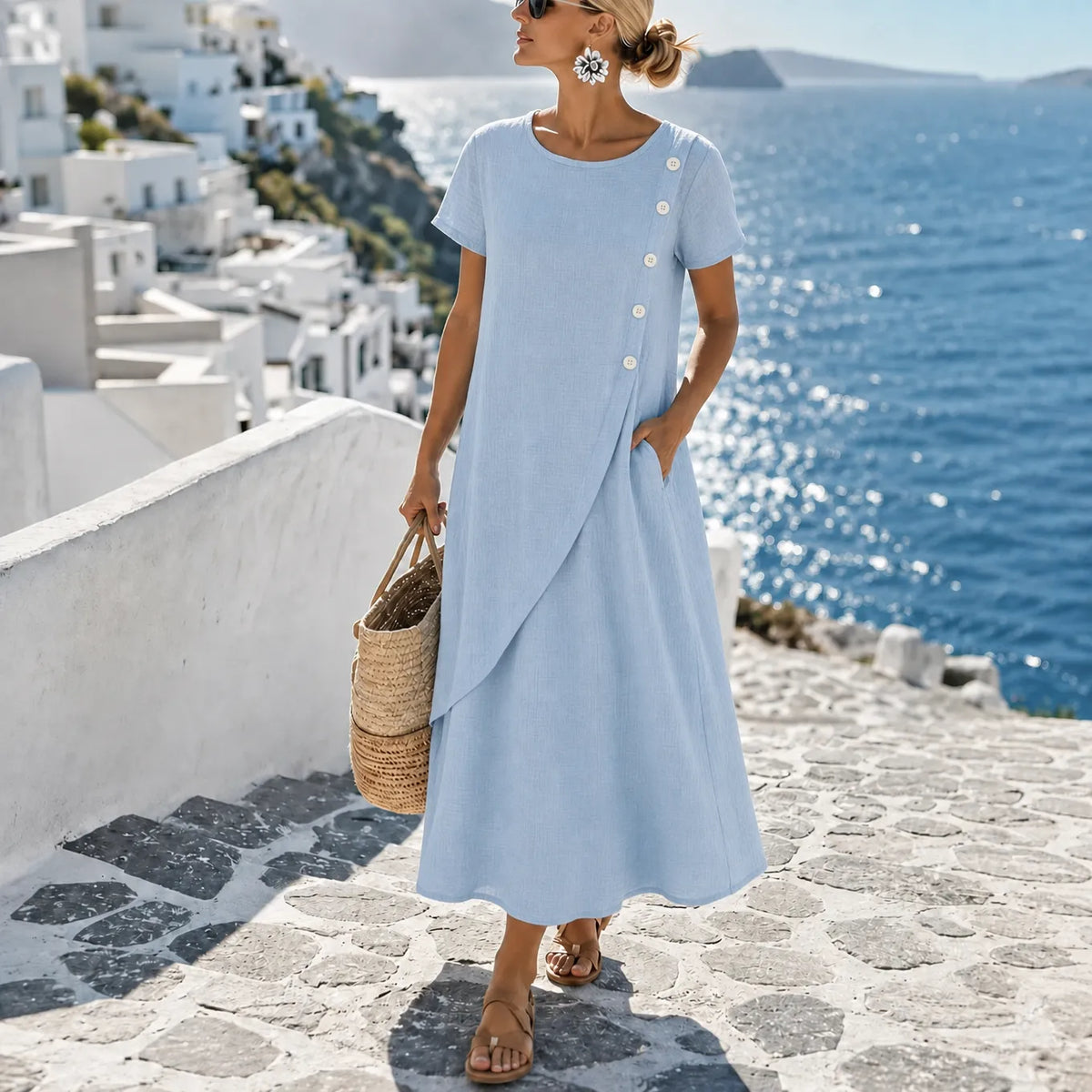 Women's midi summer dress with asymmetric buttons and side pockets 1