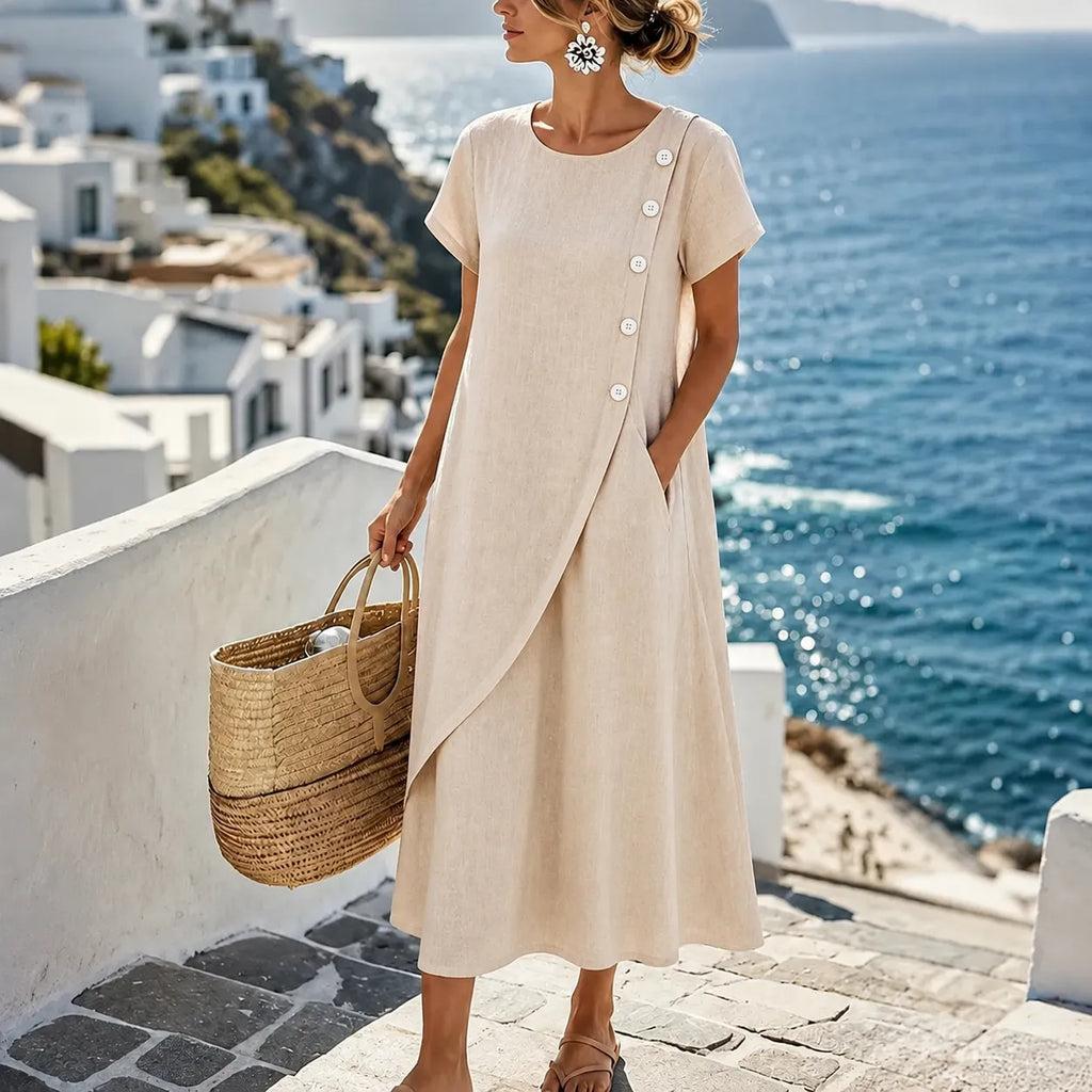 Women's midi summer dress with asymmetric buttons and side pockets 2
