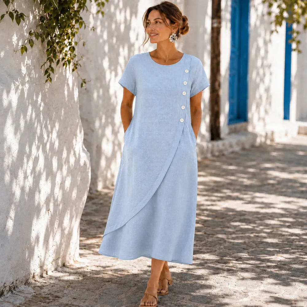 Women's midi summer dress with asymmetric buttons and side pockets 7