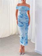 Women's off-shoulder midi cocktail dress with watercolour print and side slit 1