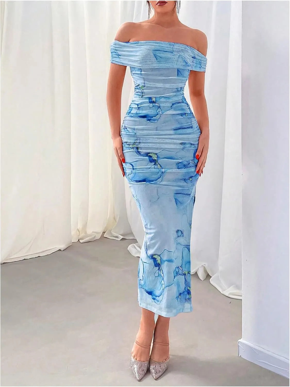 Women's off-shoulder midi cocktail dress with watercolour print and side slit 1