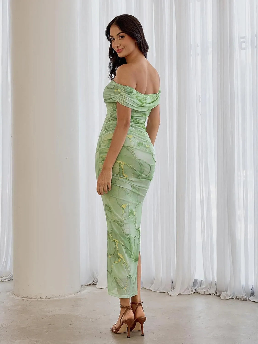 Women's off-shoulder midi cocktail dress with watercolour print and side slit 10