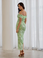 Women's off-shoulder midi cocktail dress with watercolour print and side slit 10