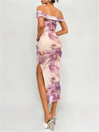 Women's off-shoulder midi cocktail dress with watercolour print and side slit 13