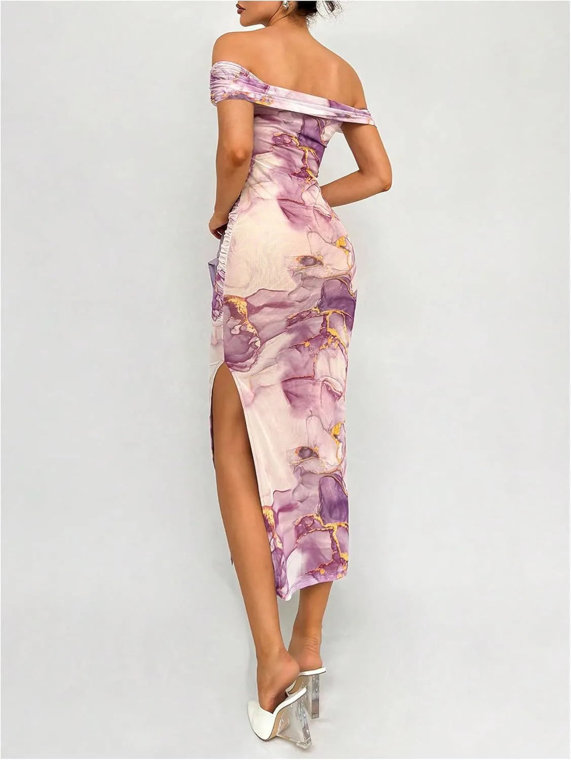 Women's off-shoulder midi cocktail dress with watercolour print and side slit 13