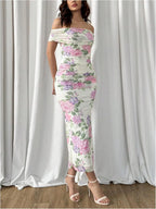 Women's off-shoulder midi cocktail dress with watercolour print and side slit 3