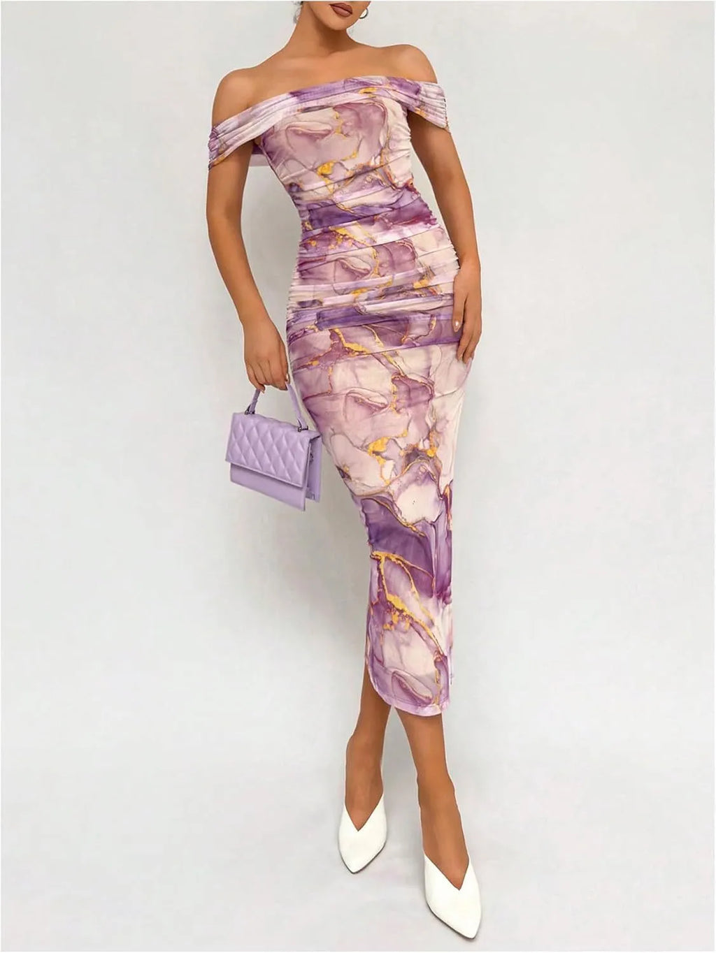 Women's off-shoulder midi cocktail dress with watercolour print and side slit 5