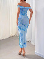 Women's off-shoulder midi cocktail dress with watercolour print and side slit 6
