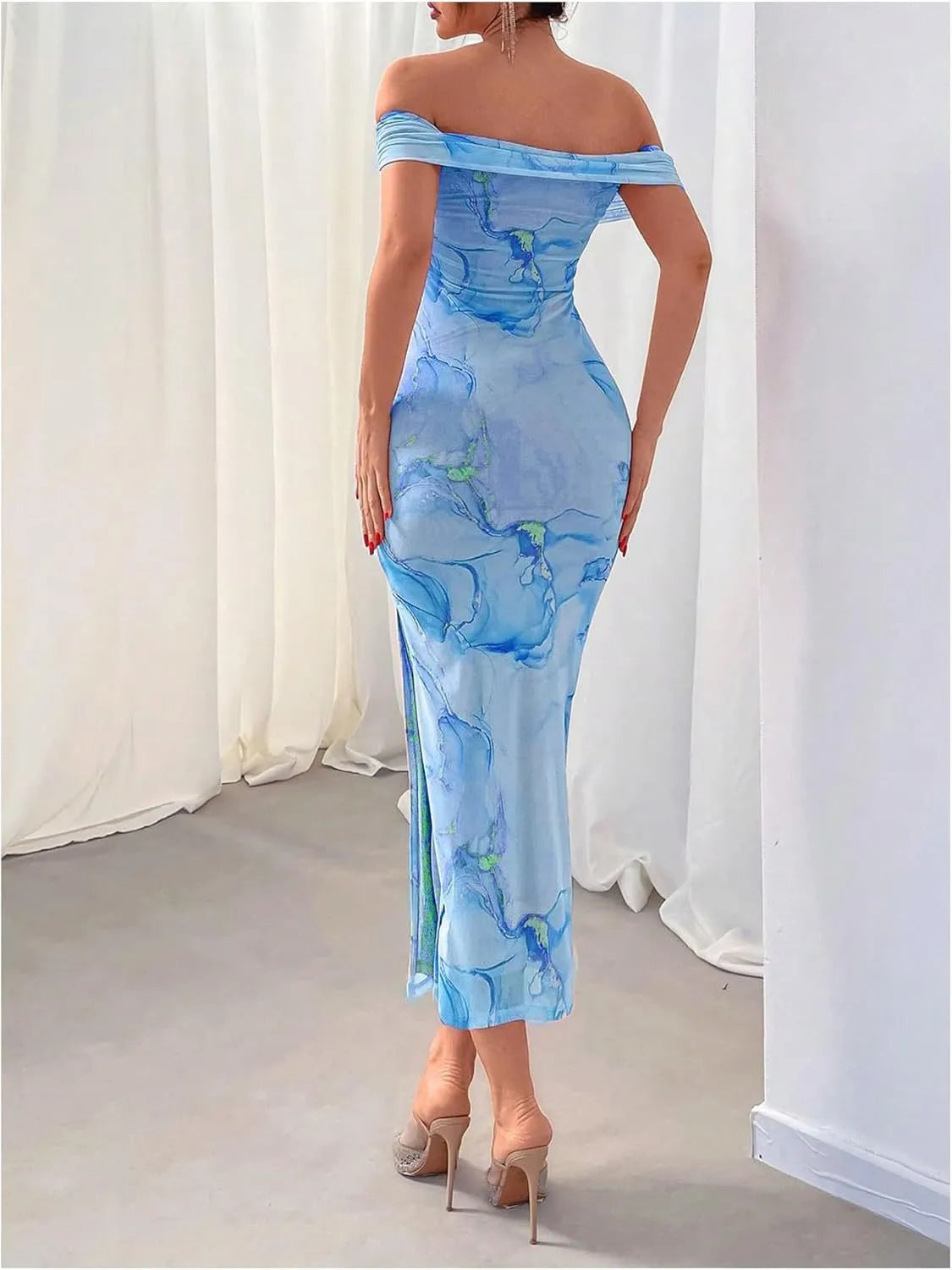 Women's off-shoulder midi cocktail dress with watercolour print and side slit 6
