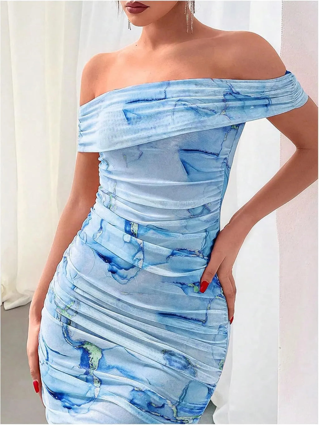 Women's off-shoulder midi cocktail dress with watercolour print and side slit 7