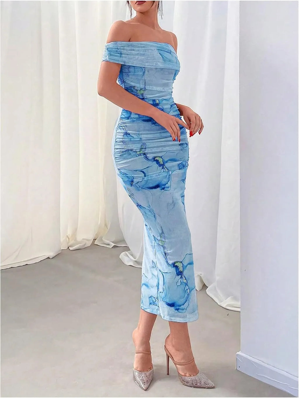 Women's off-shoulder midi cocktail dress with watercolour print and side slit 8
