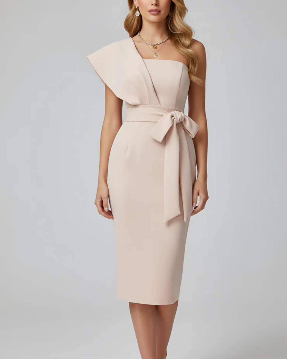Women's one-shoulder midi cocktail dress with tie waist and front slit 2