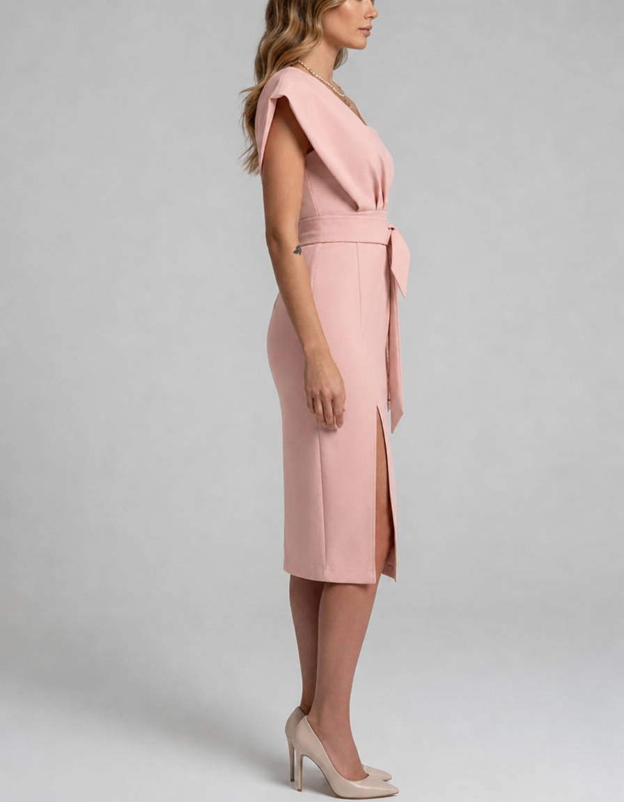 Women's one-shoulder midi cocktail dress with tie waist and front slit 4