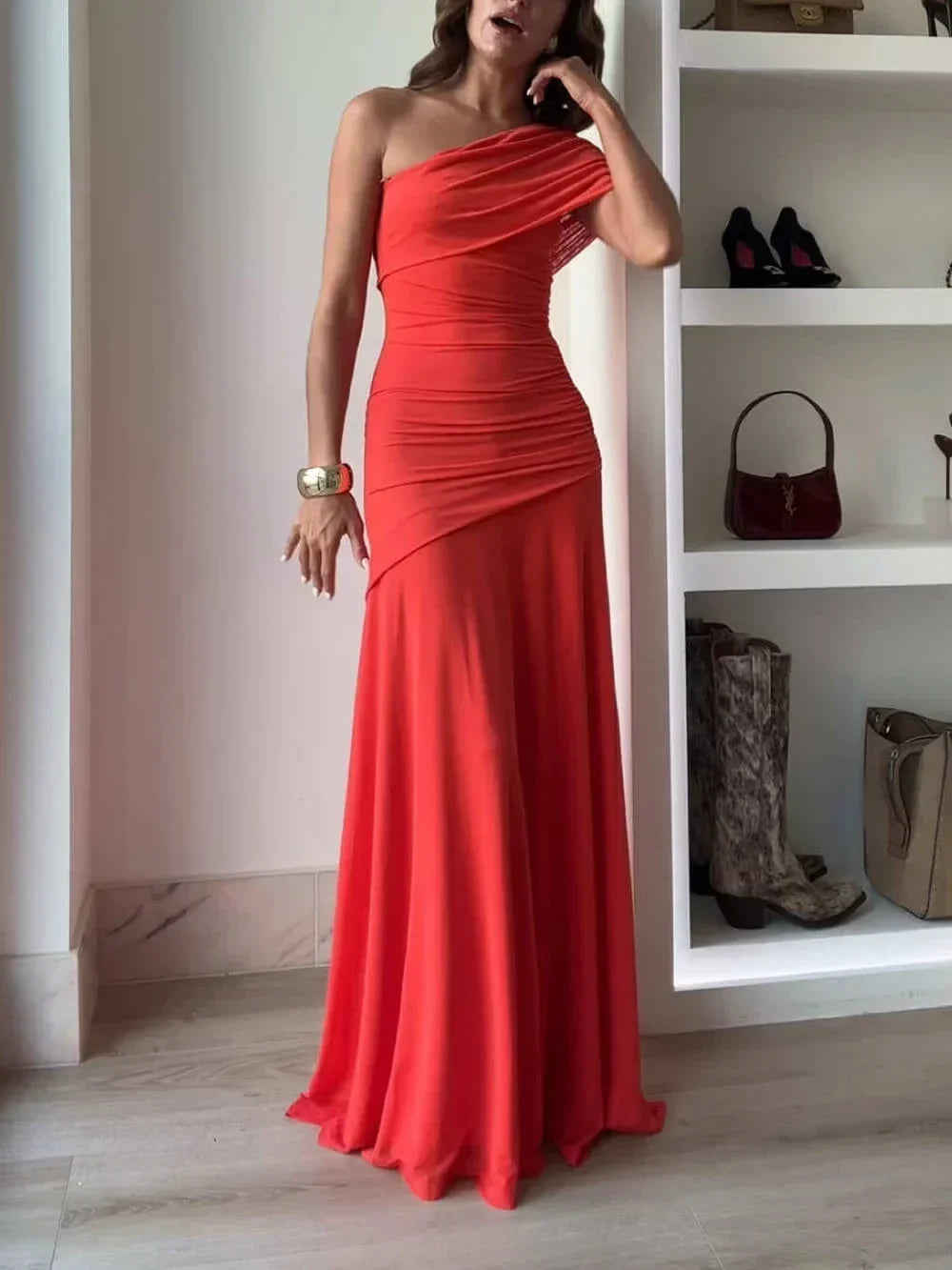Women's one-shoulder ruched maxi dress for evening events 1