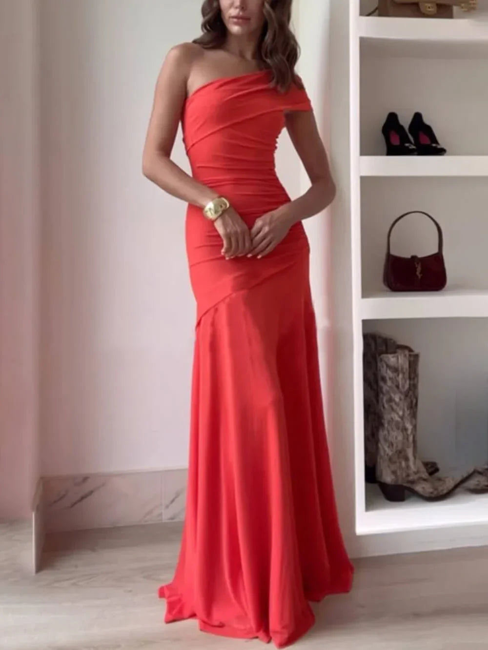 Women's one-shoulder ruched maxi dress for evening events 4