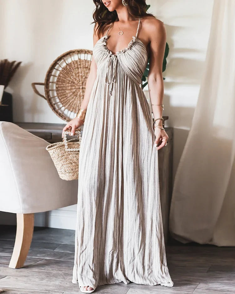 Women's pleated maxi dress with thin straps and round neckline 2