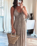 Women's pleated maxi dress with thin straps and round neckline 5