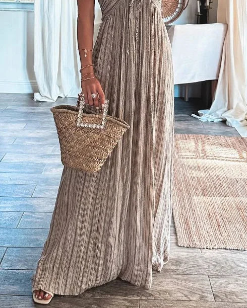 Women's pleated maxi dress with thin straps and round neckline 6