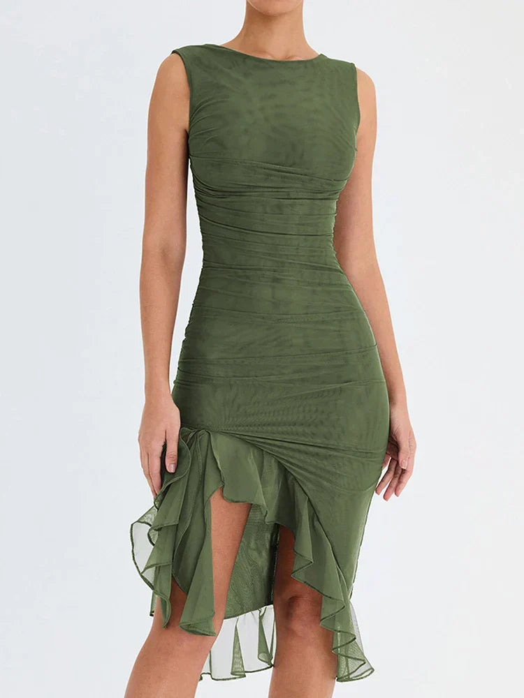 Women's ruched summer dress with ruffle hem and open back 1