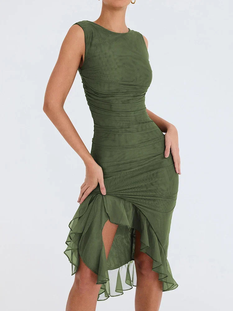 Women's ruched summer dress with ruffle hem and open back 6