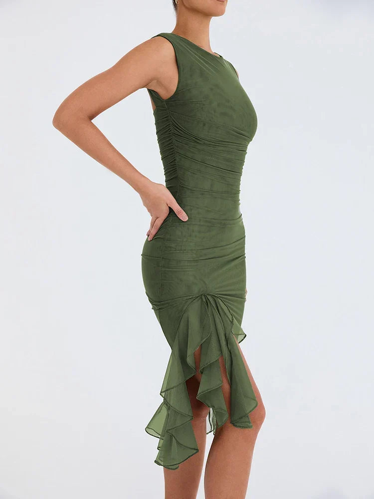 Women's ruched summer dress with ruffle hem and open back 7