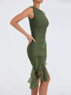 Women's ruched summer dress with ruffle hem and open back 7