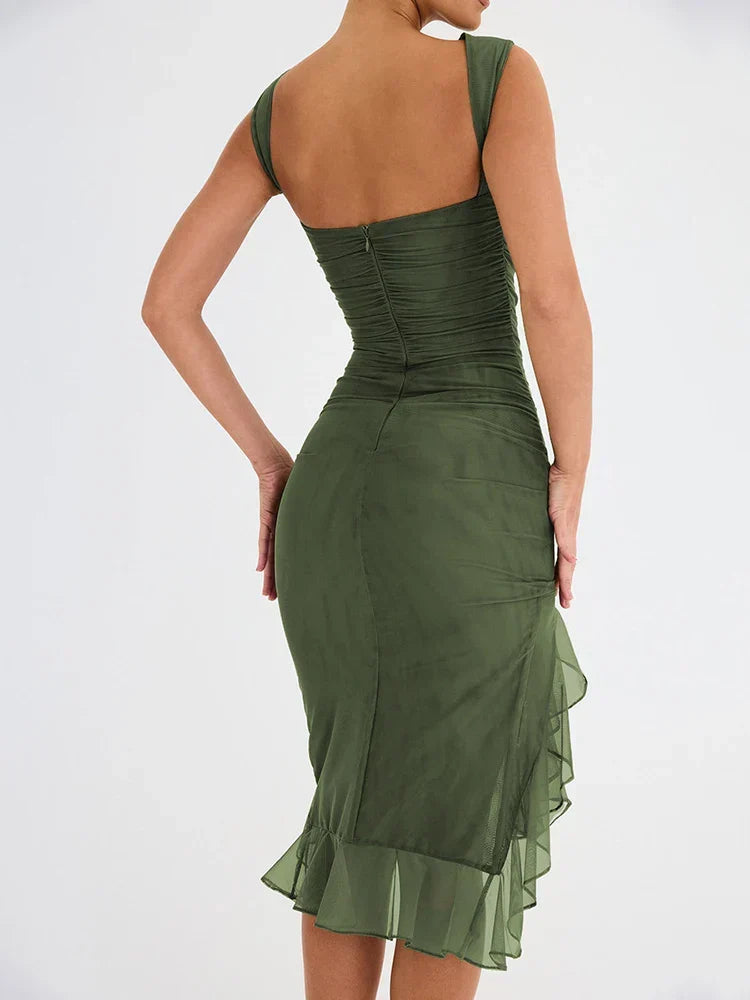 Women's ruched summer dress with ruffle hem and open back 8