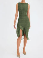 Women's ruched summer dress with ruffle hem and open back 9