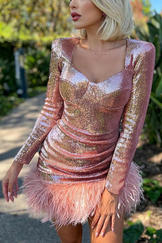 Women's sequin mini dress with sweetheart neck and long sleeves 16