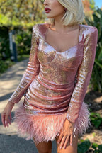 Women's sequin mini dress with sweetheart neck and long sleeves 16