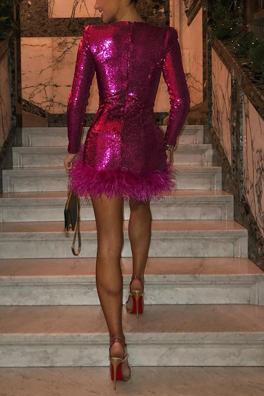 Women's sequin mini dress with sweetheart neck and long sleeves 8