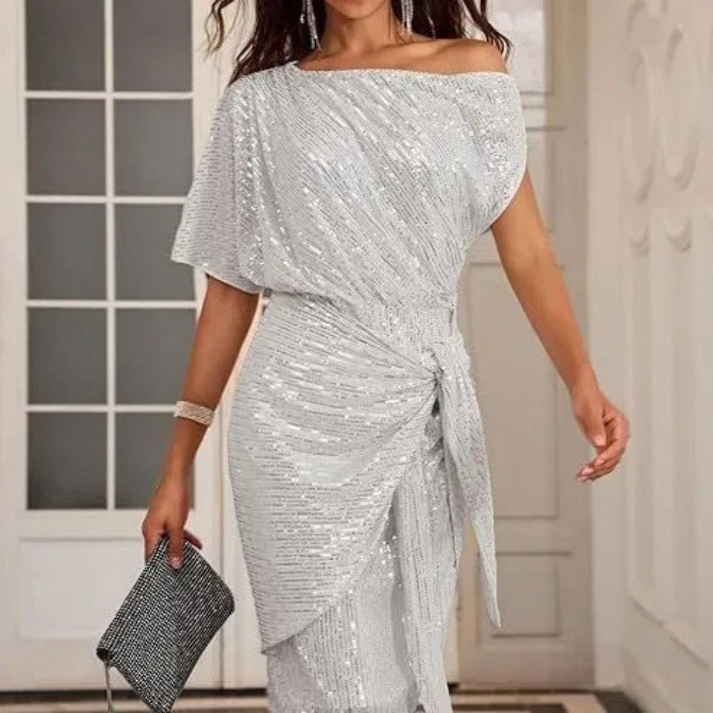 Women's sequin off-shoulder mini dress with tie waist 5