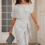 Women's sequin off-shoulder mini dress with tie waist 5