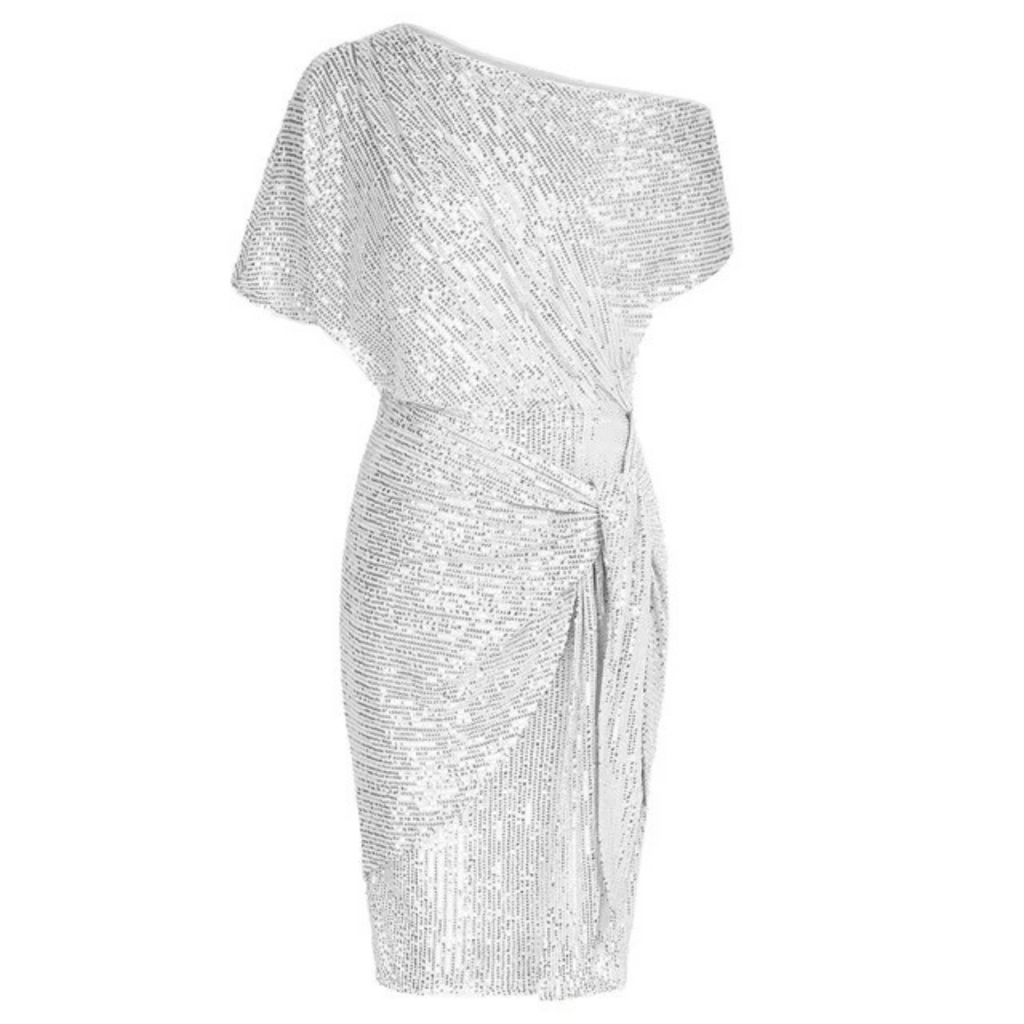 Women's sequin off-shoulder mini dress with tie waist 9