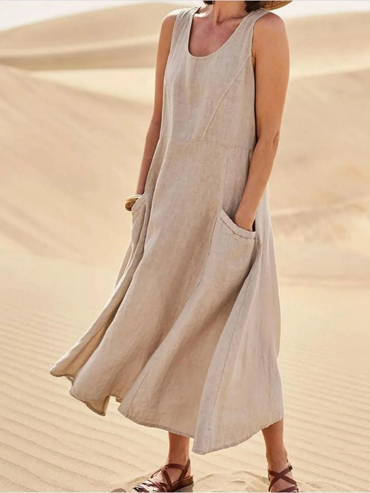 Women's sleeveless A-line midi dress with scoop neck and pockets 1