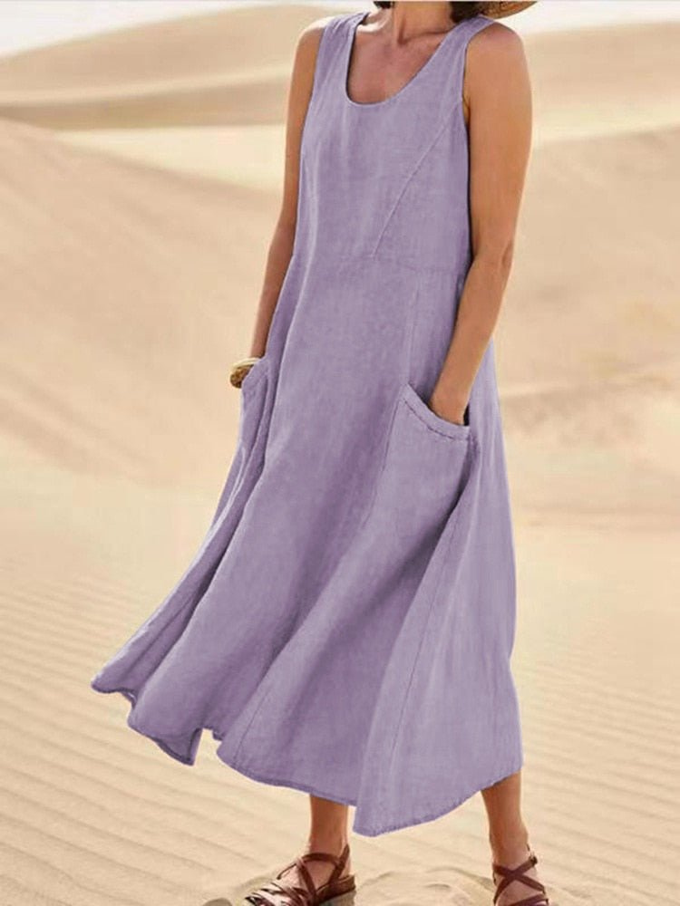 Women's sleeveless A-line midi dress with scoop neck and pockets 4