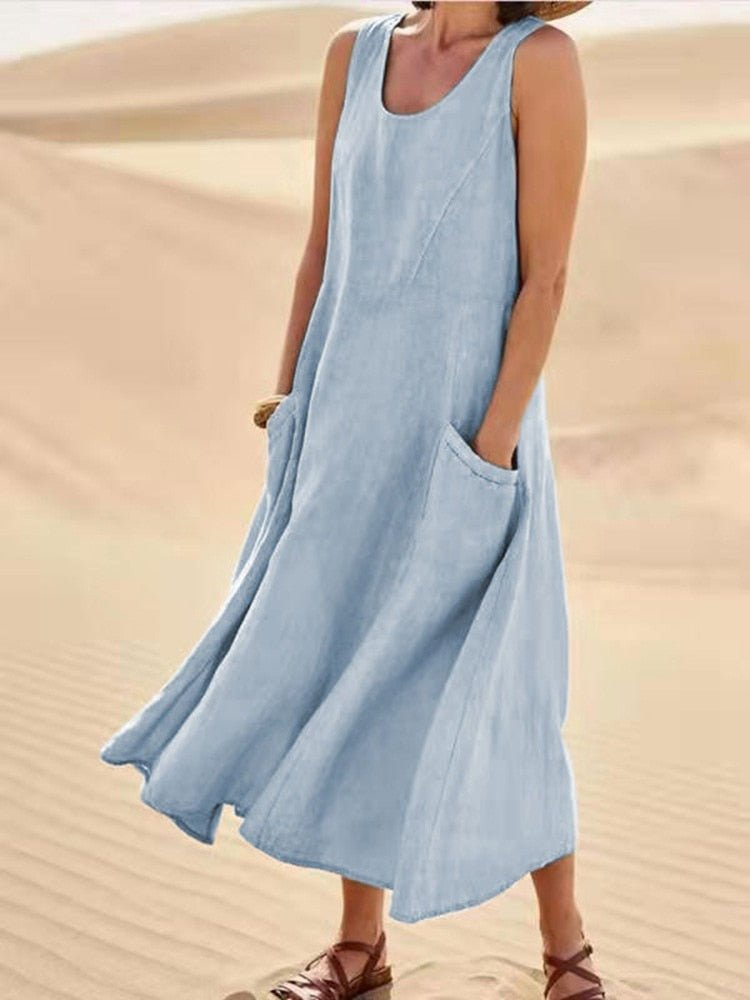 Women's sleeveless A-line midi dress with scoop neck and pockets 5