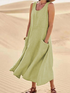 Women's sleeveless A-line midi dress with scoop neck and pockets 6