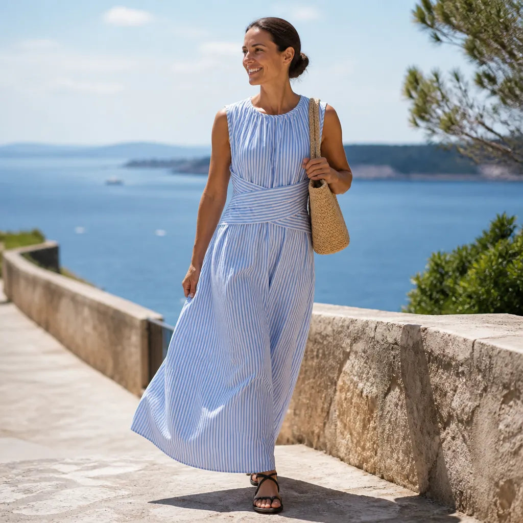 Women's sleeveless striped maxi summer dress with wrap waist 6
