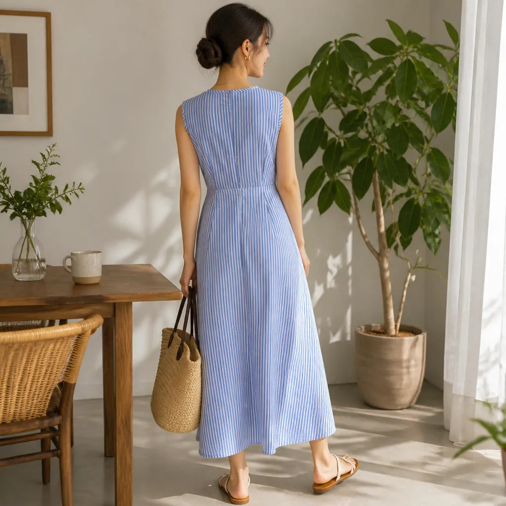 Women's sleeveless striped maxi summer dress with wrap waist 9