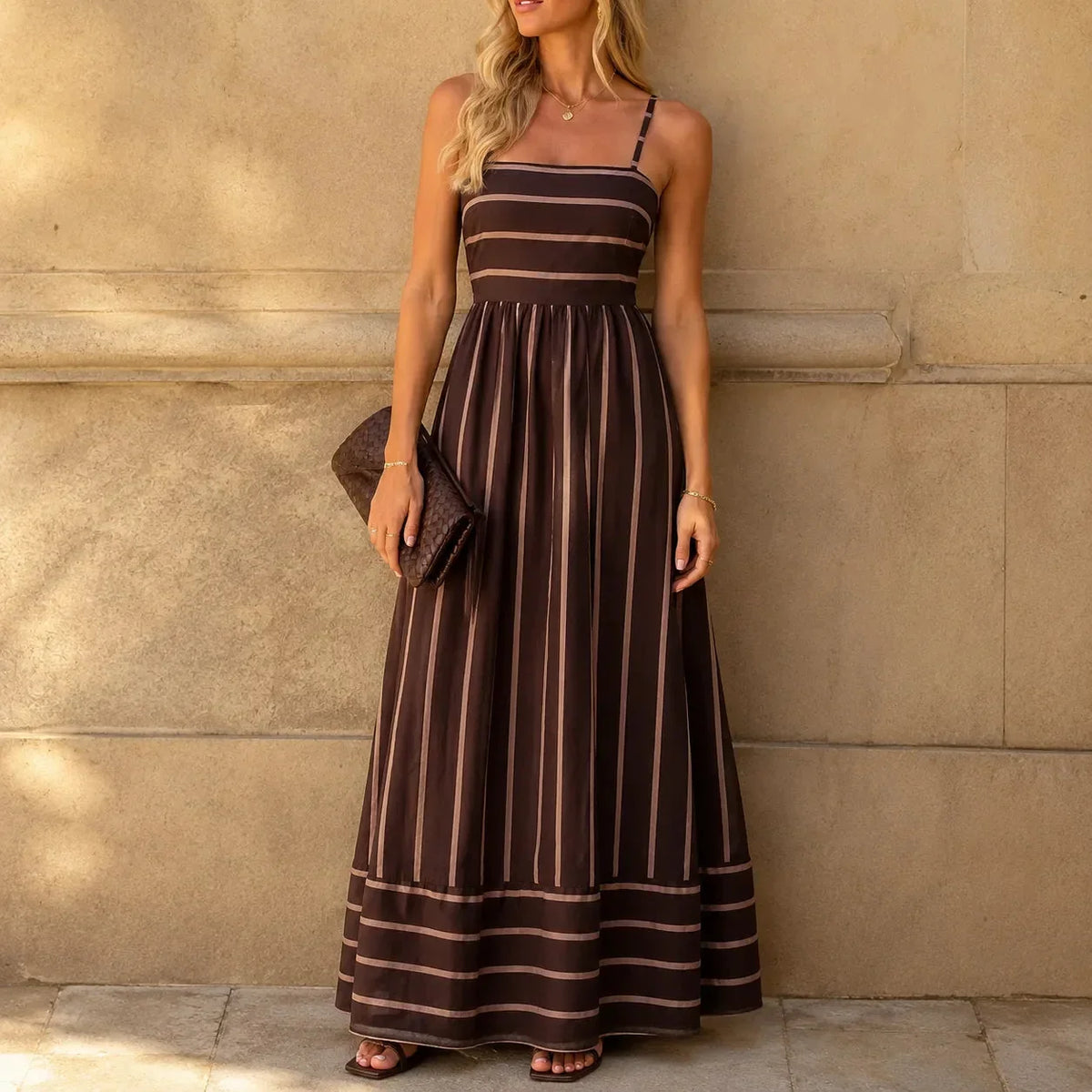 Women's striped maxi dress with square neck and thin straps 6