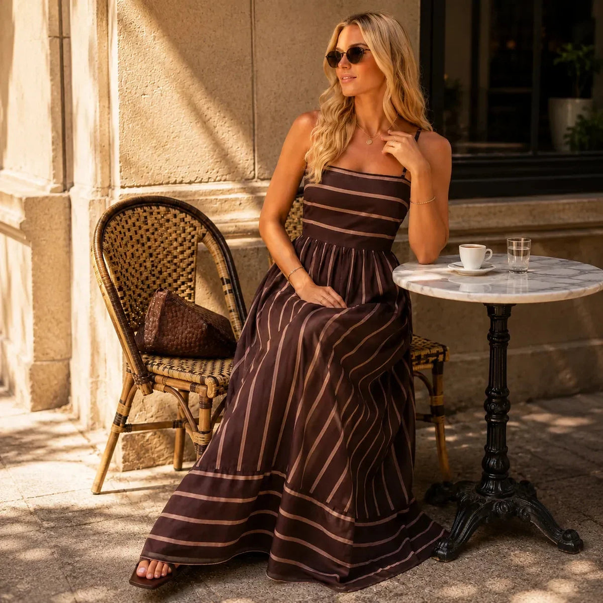 Women's striped maxi dress with square neck and thin straps 9