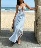 Women's striped maxi summer dress with plunging neckline and cut-out waist 2