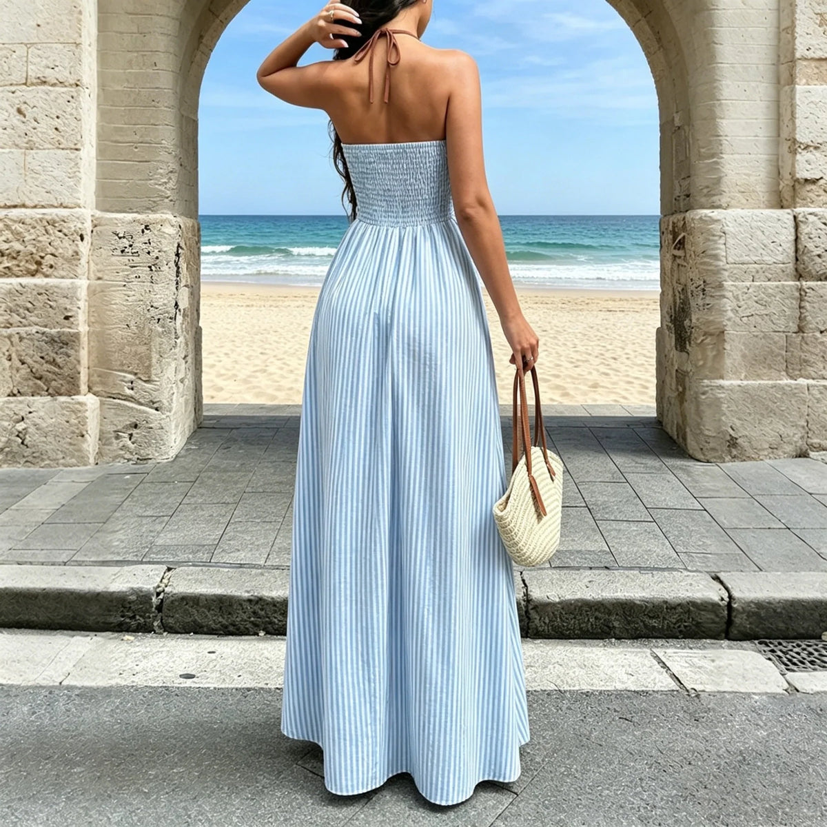 Women's striped maxi summer dress with plunging neckline and cut-out waist 3