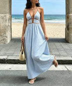 Women's striped maxi summer dress with plunging neckline and cut-out waist 5